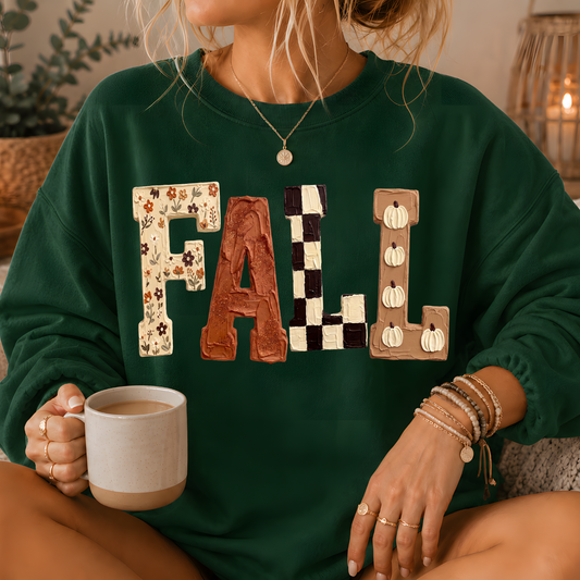 Fall Patchwork Print Crewneck Sweatshirt