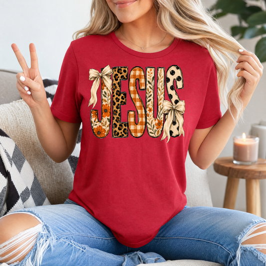 Jesus Floral, Leopard & Gingham Bow Graphic Tee