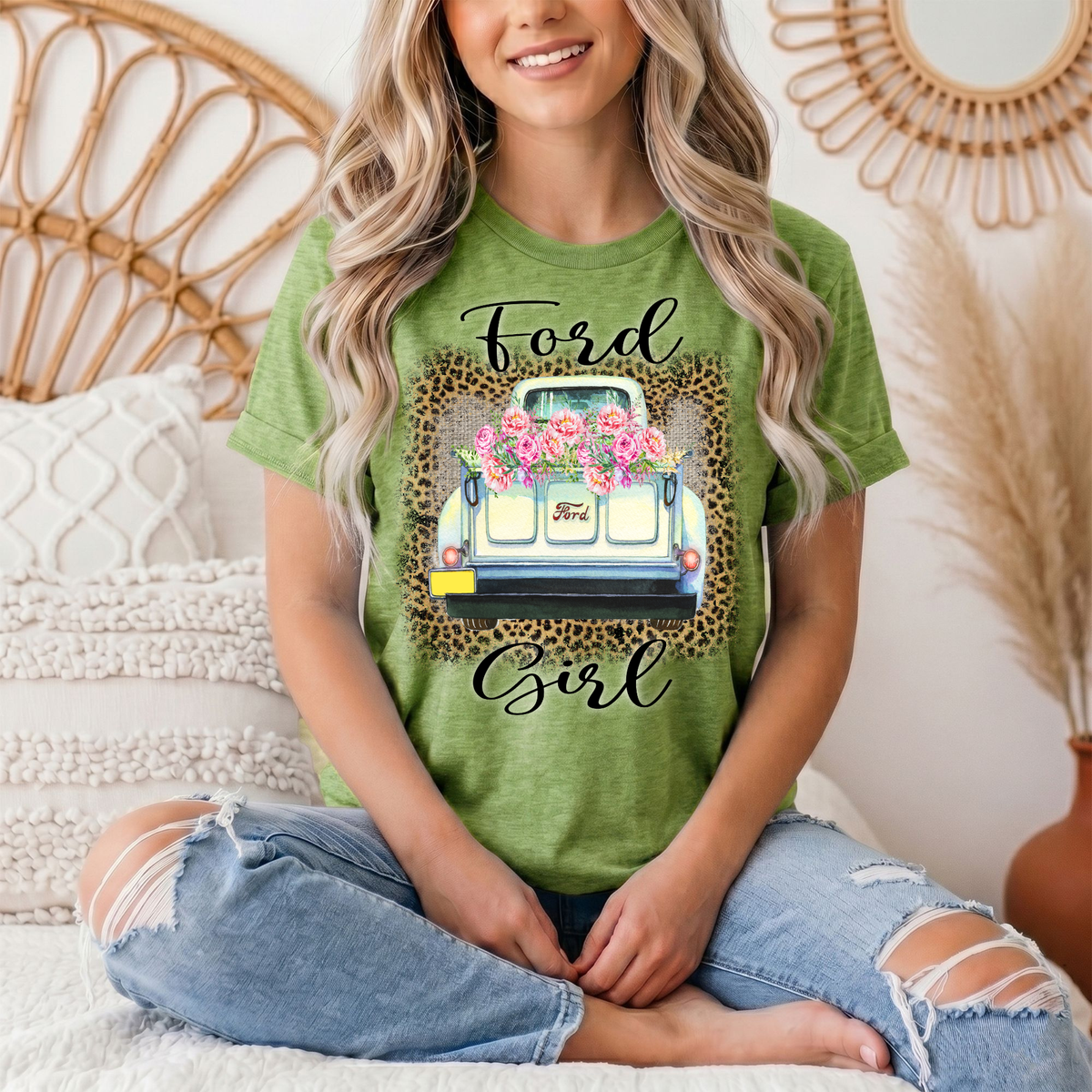 Ford Girl Floral Vintage Truck & Leopard Graphic Tee