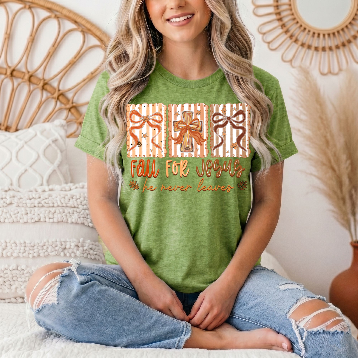 Fall for Jesus He Never Leaves Christian Graphic Tee