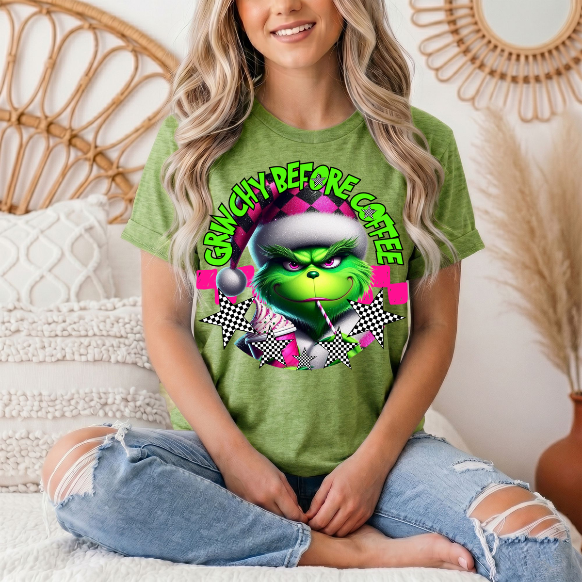 Grinchy Before Coffee Pink Checkerboard Christmas Graphic Tee