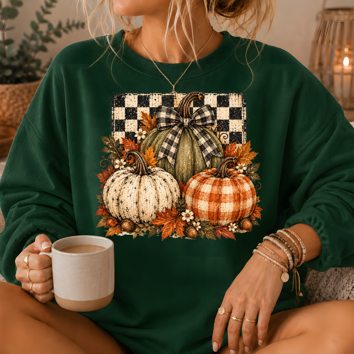 Pumpkin Plaid Bow Floral Crewneck Sweatshirt