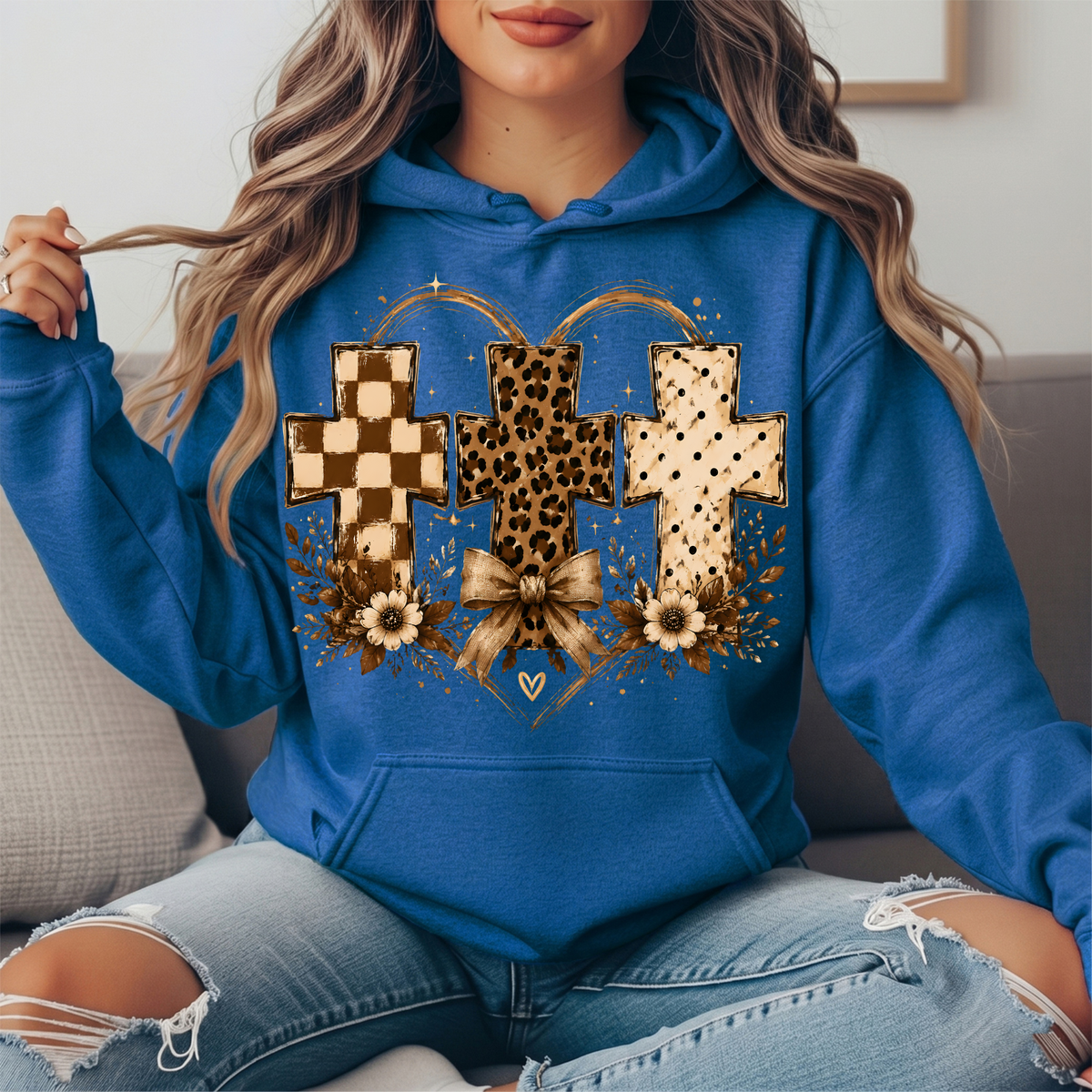 Three Crosses Leopard Floral Bow Graphic Hoodie