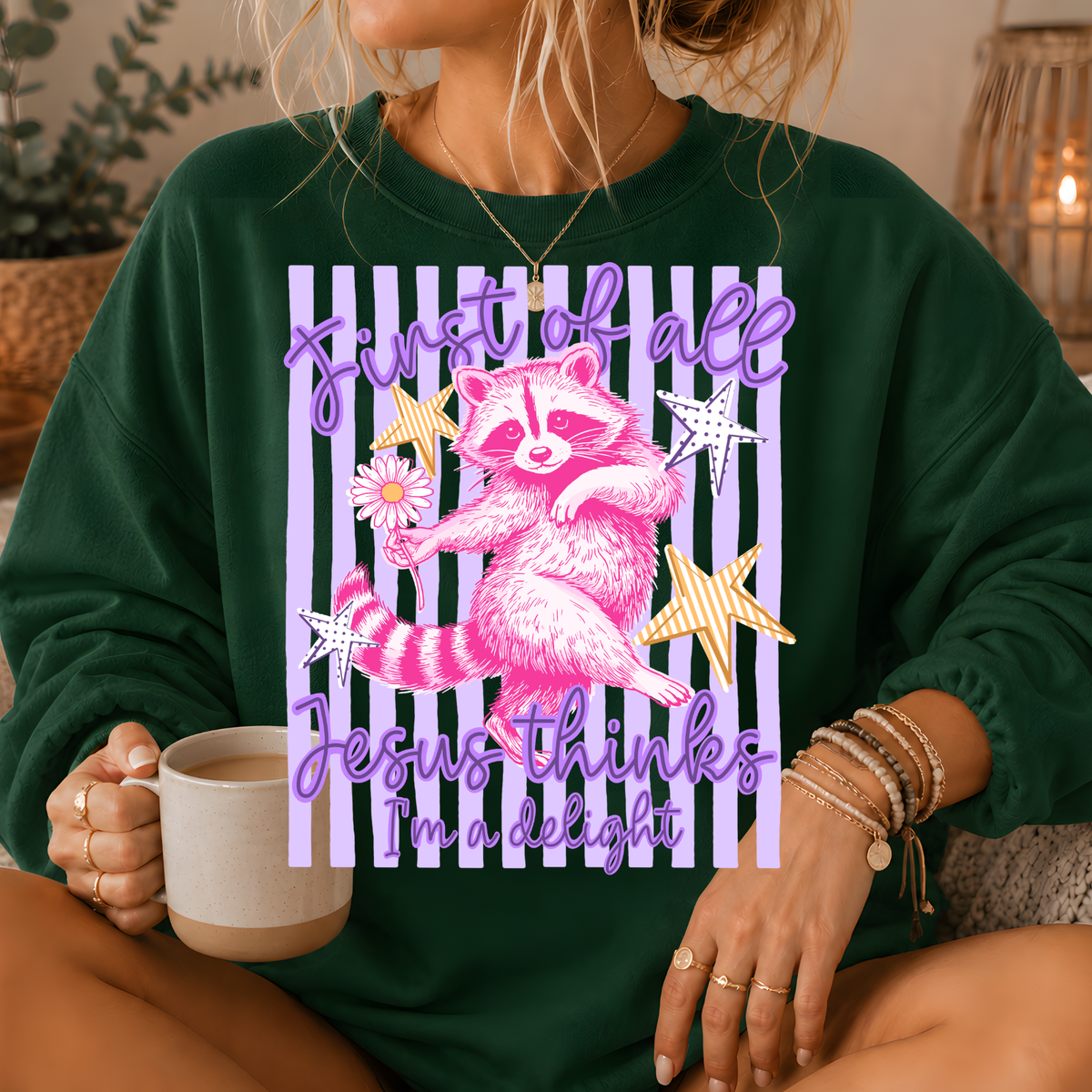 Jesus Thinks I'm a Delight Raccoon Crewneck Sweatshirt