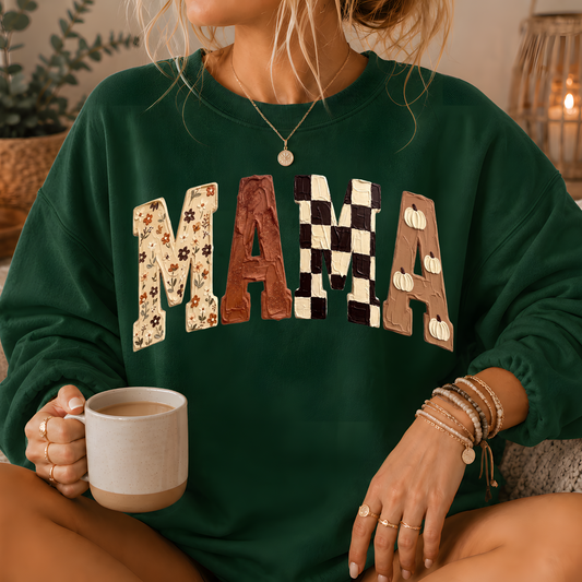 Mama Fall Patchwork Print Crewneck Sweatshirt
