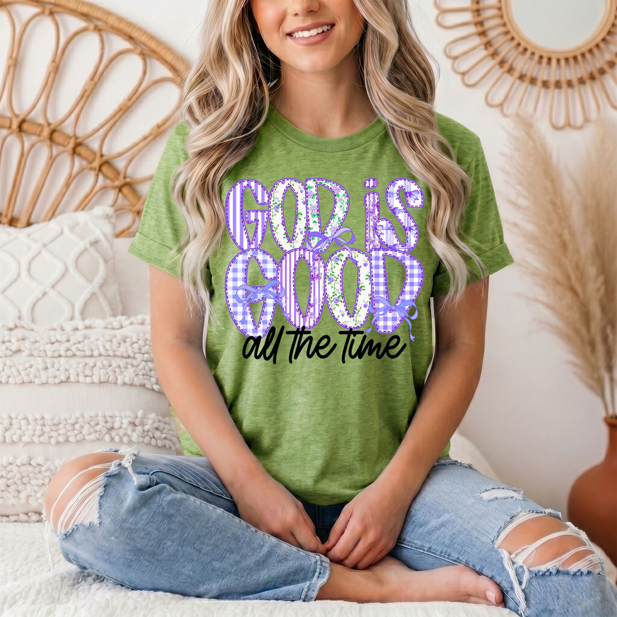 God Is Good All the Time Purple Bow Graphic Tee