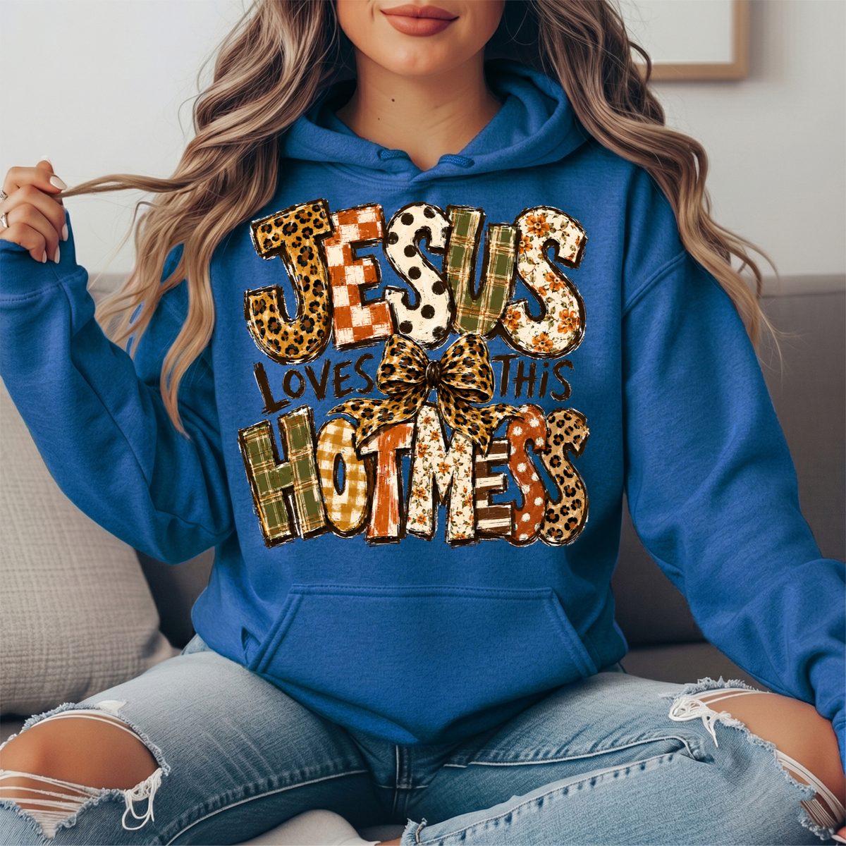 Jesus Loves This Hot Mess Leopard Bow Graphic Hoodie