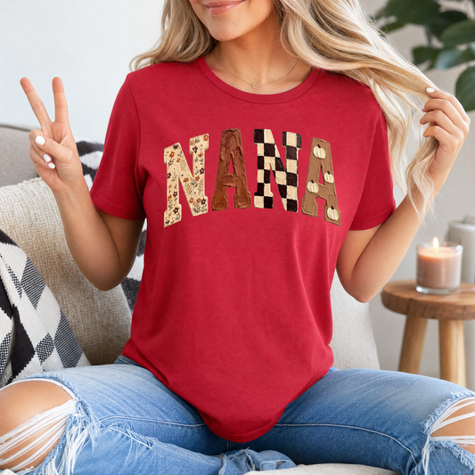Fall Nana Floral, Checkerboard & Pumpkin Graphic Tee