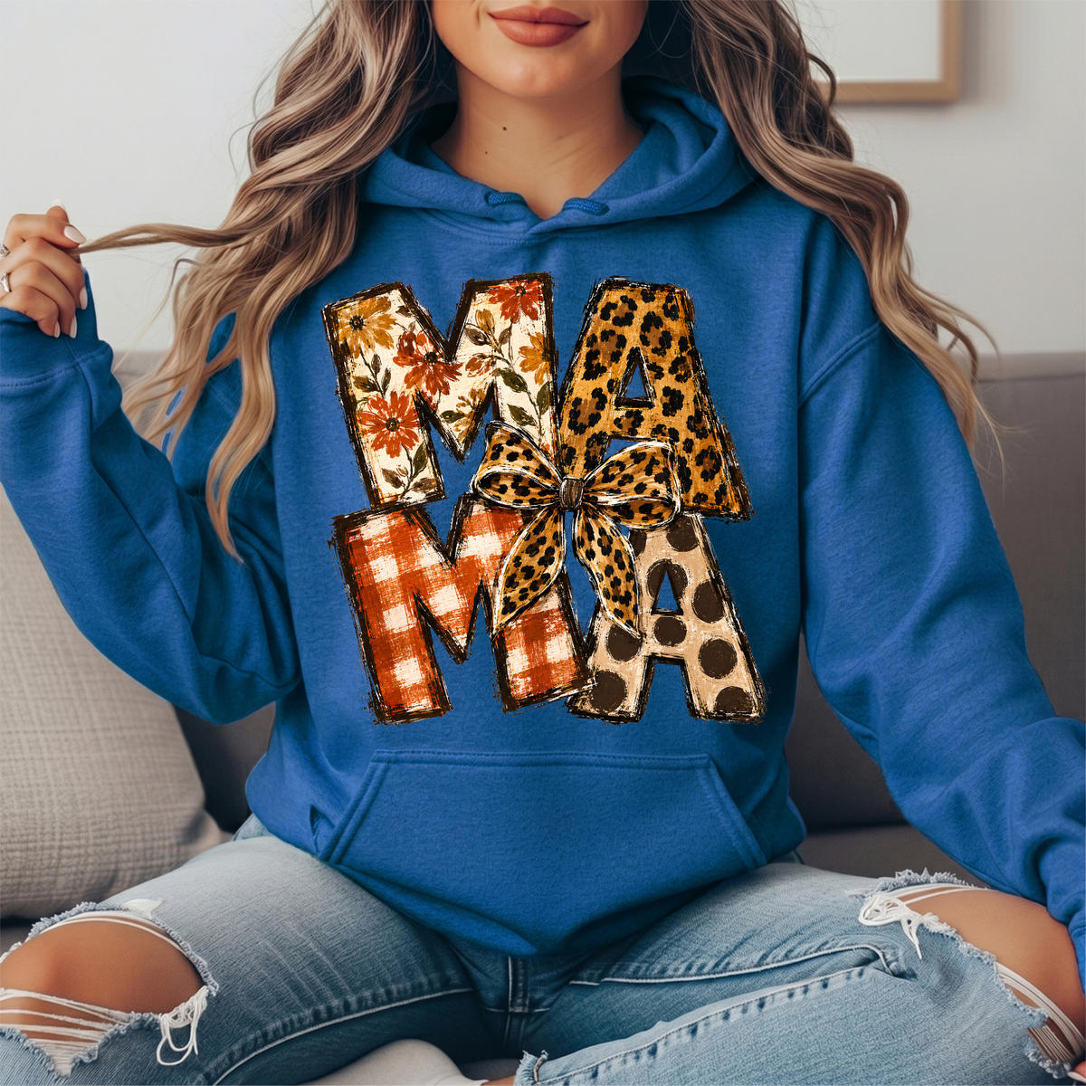 Mama Fall Patchwork & Leopard Bow Graphic Hoodie