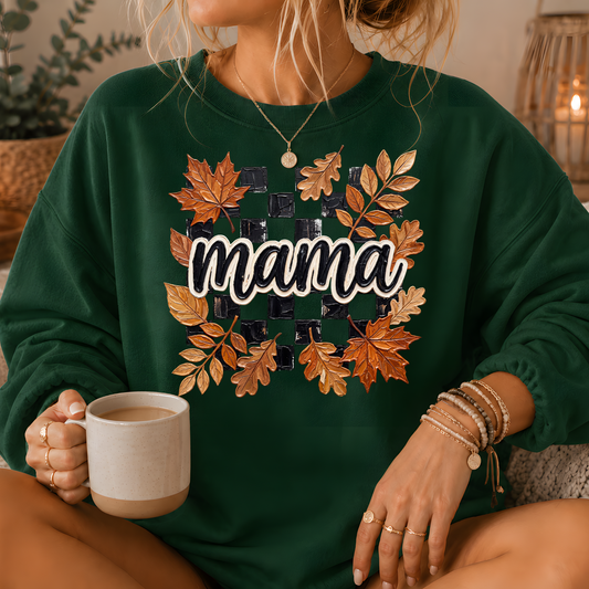 Mama Fall Leaves Checkerboard Crewneck Sweatshirt