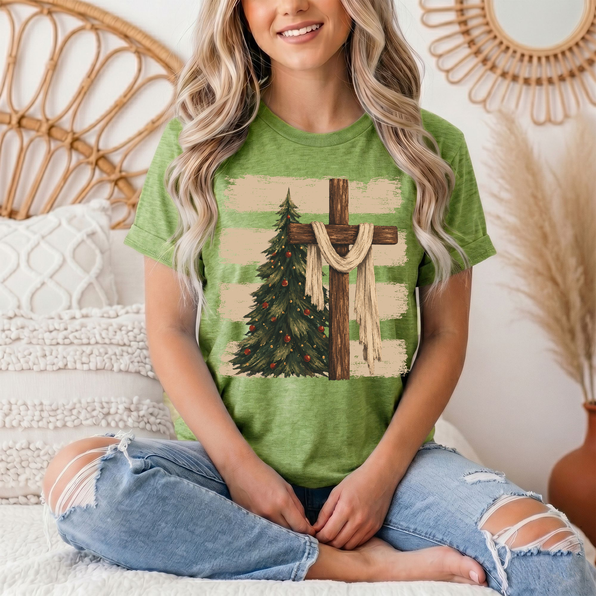 Rustic Cross & Christmas Tree Christian Graphic Tee