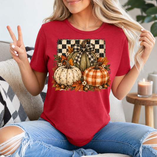 Rustic Fall Pumpkin Trio & Gingham Bow Graphic Tee