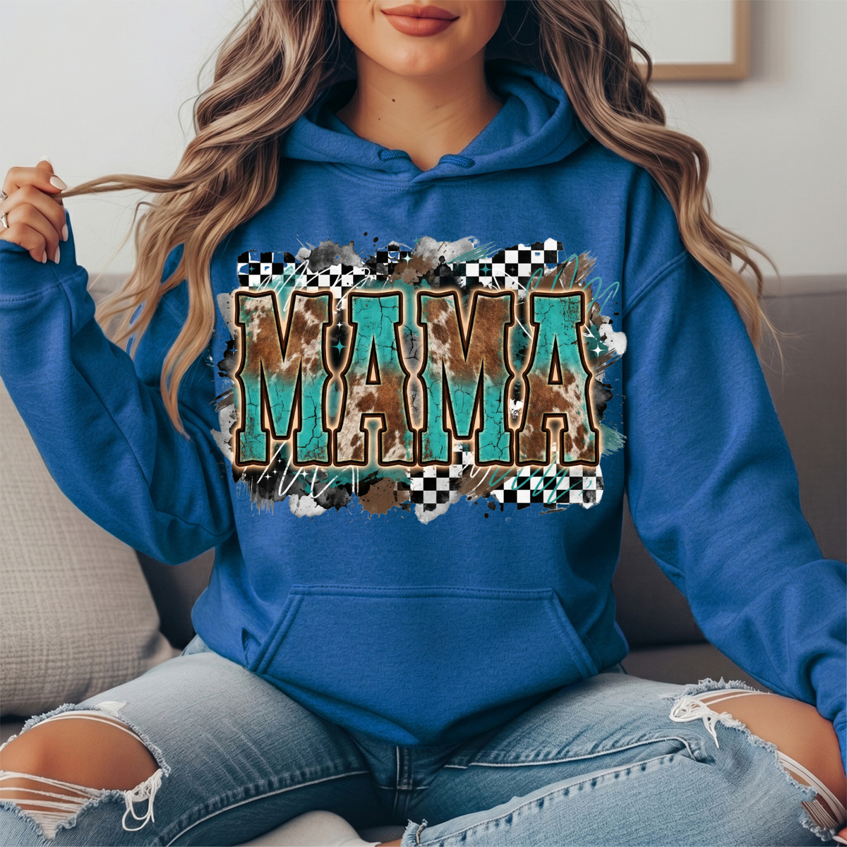 Turquoise Cowhide Mama Western Graphic Hoodie