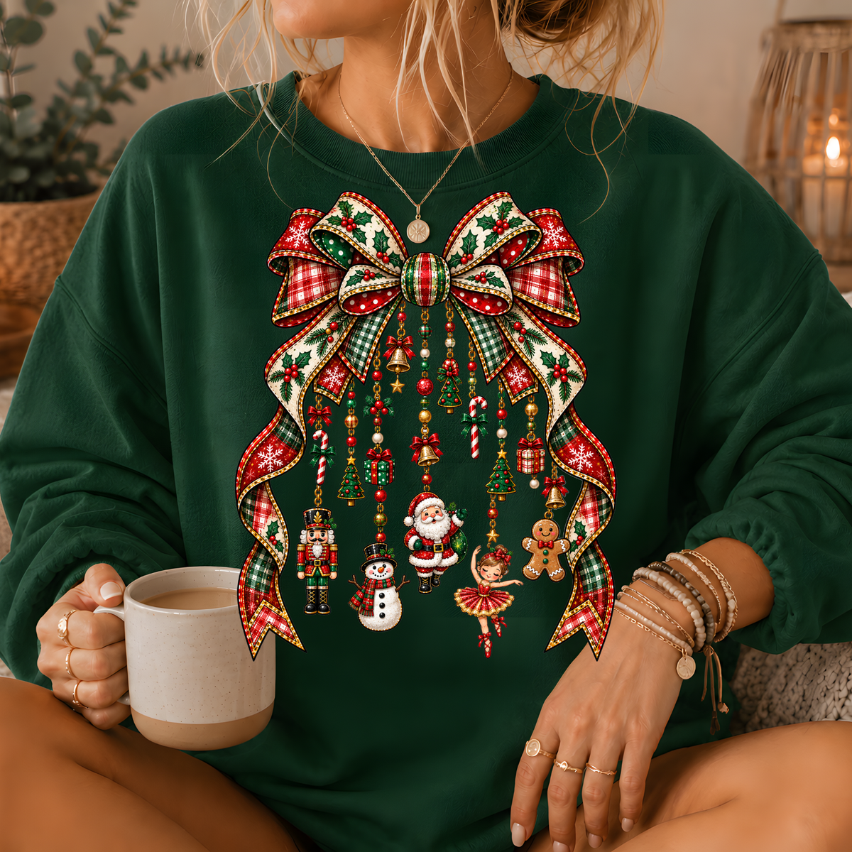 Christmas Plaid Bow Holiday Charms Crewneck Sweatshirt