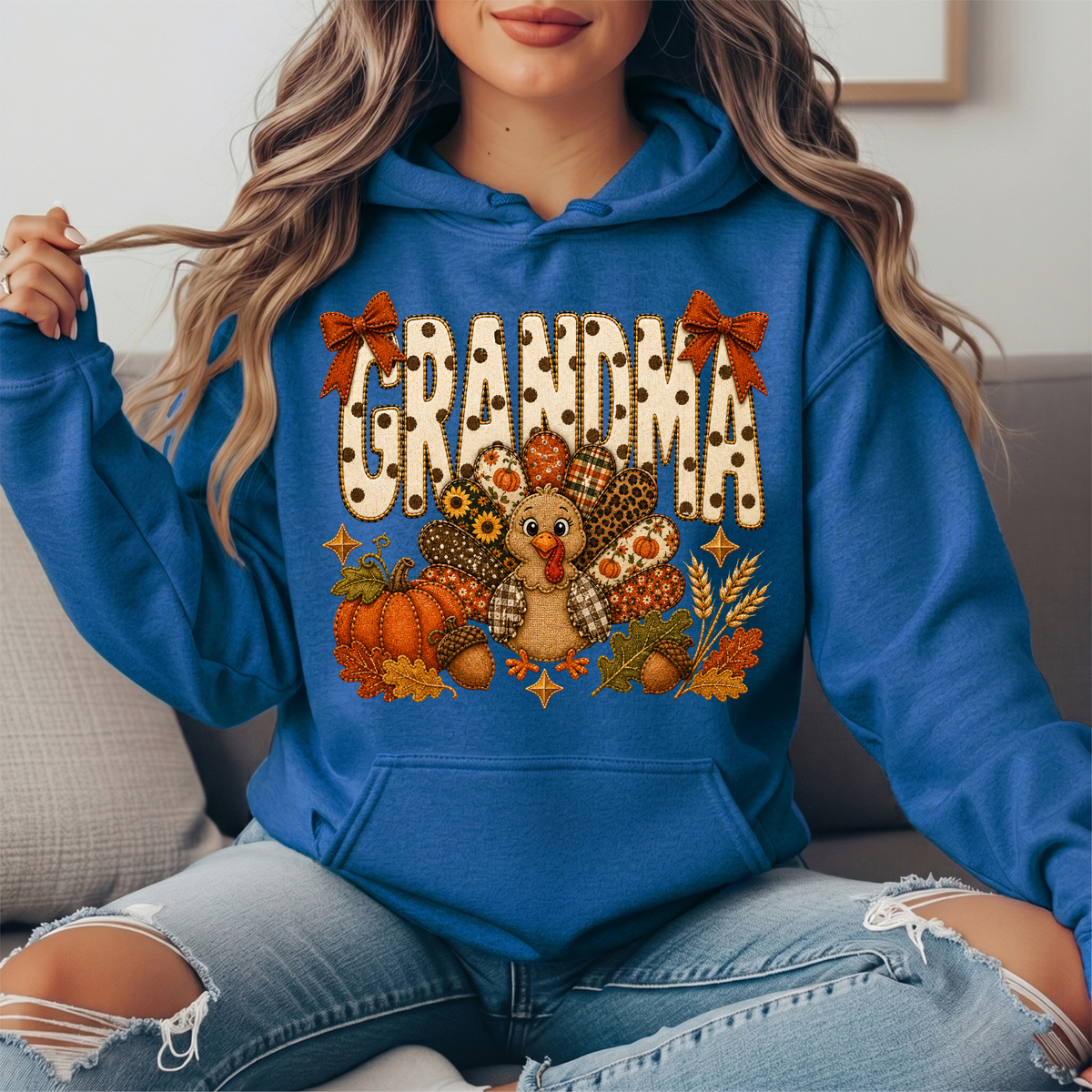 Grandma Thanksgiving Patchwork Turkey Bow Graphic Hoodie