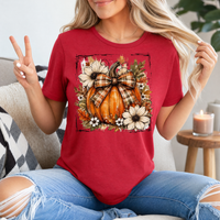 Fall Pumpkin Floral & Plaid Bow Graphic Tee