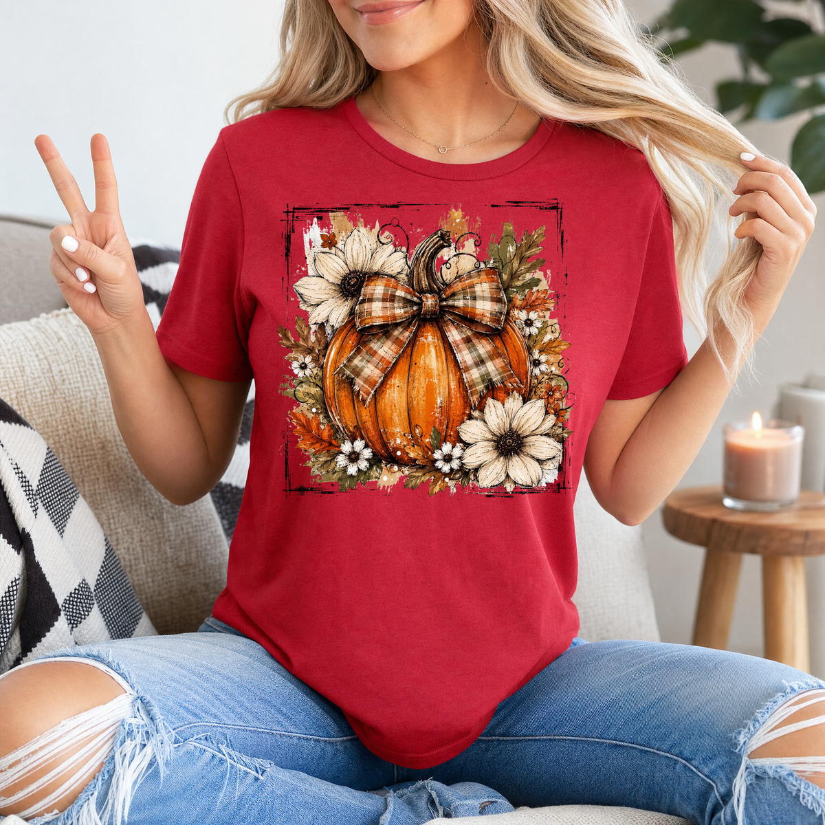 Fall Pumpkin Floral & Plaid Bow Graphic Tee