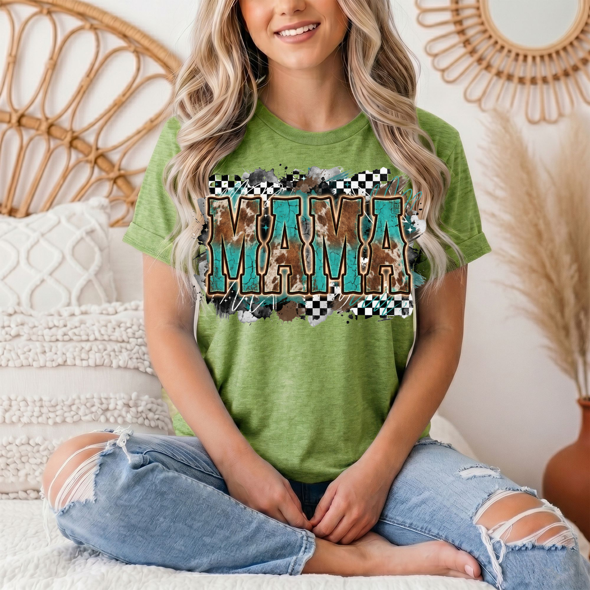 Turquoise & Cow Print Mama Western Graphic Tee