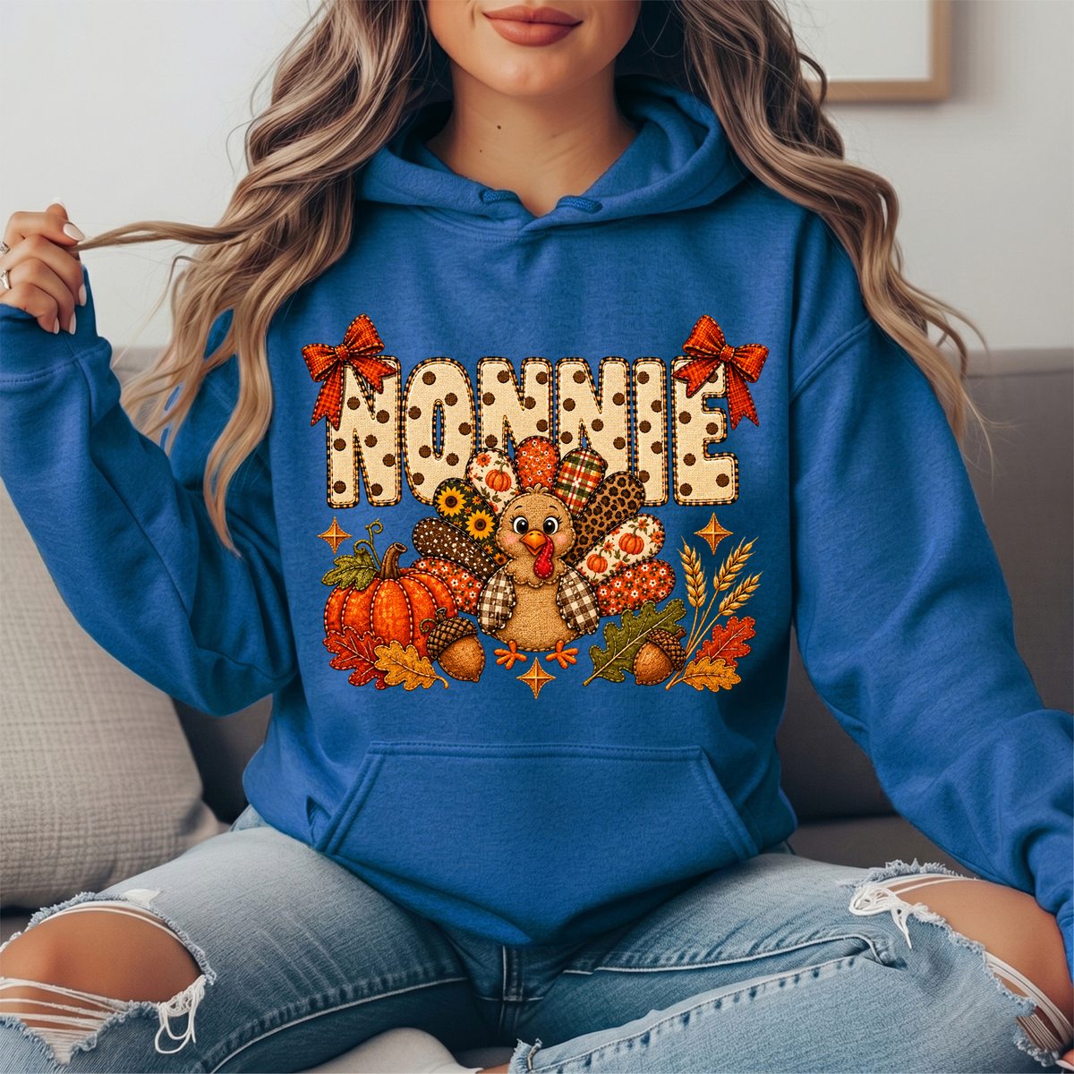 Nonnie Thanksgiving Patchwork Turkey Bow Graphic Hoodie
