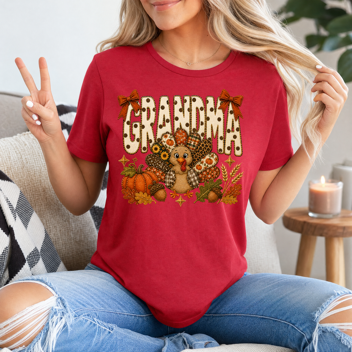 Grandma Thanksgiving Turkey & Bow Graphic Tee