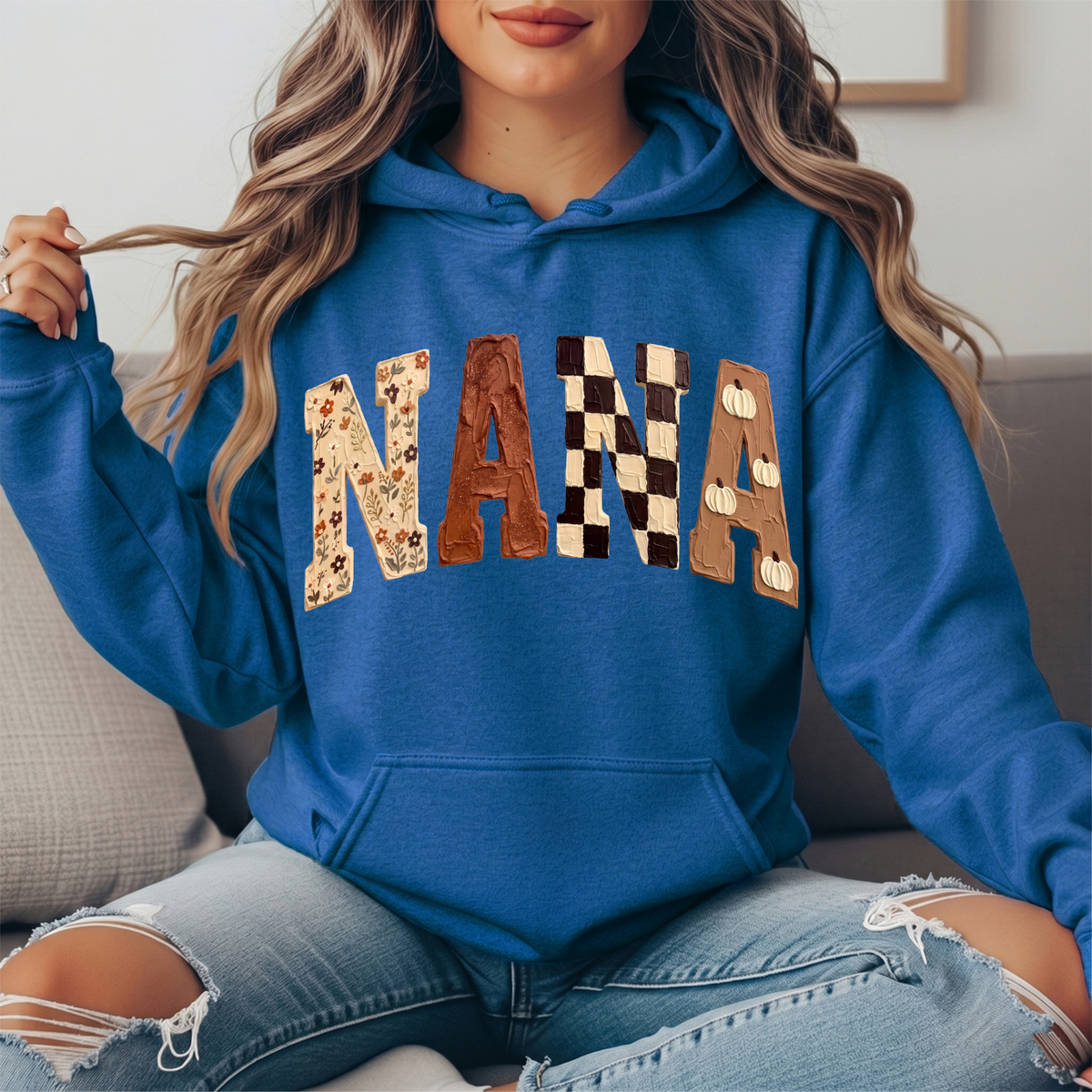 Nana Fall Floral, Checkerboard & Pumpkin Graphic Hoodie