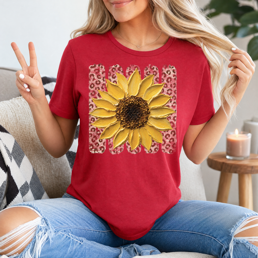 Painted Sunflower & Leopard Print Graphic Tee