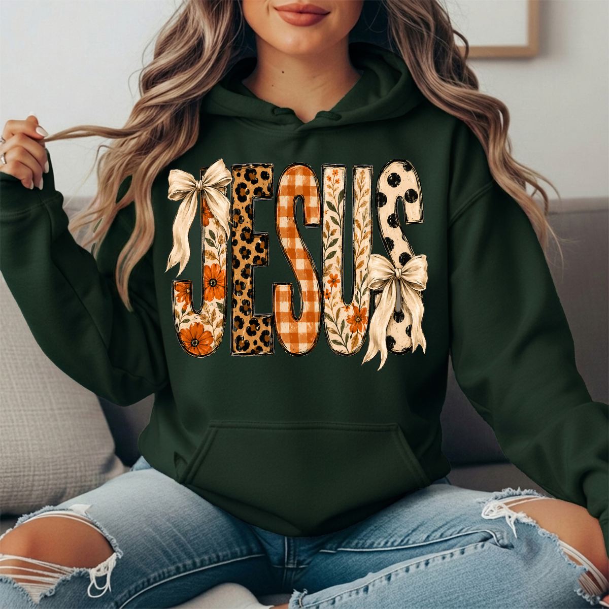 Jesus Patchwork Floral & Bow Graphic Hoodie