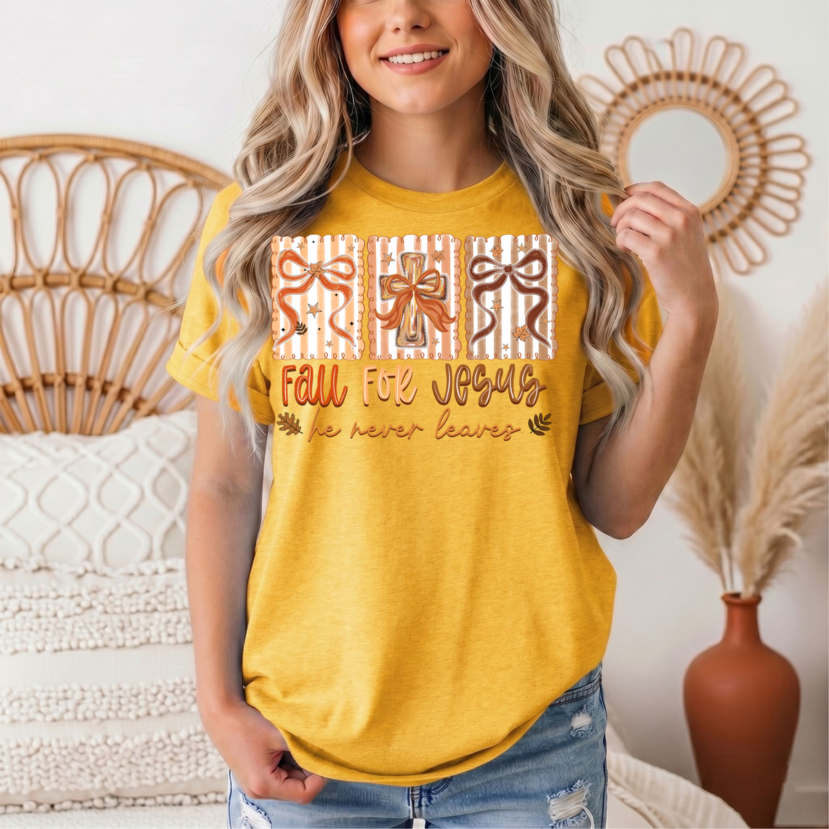 Fall for Jesus He Never Leaves Christian Graphic Tee