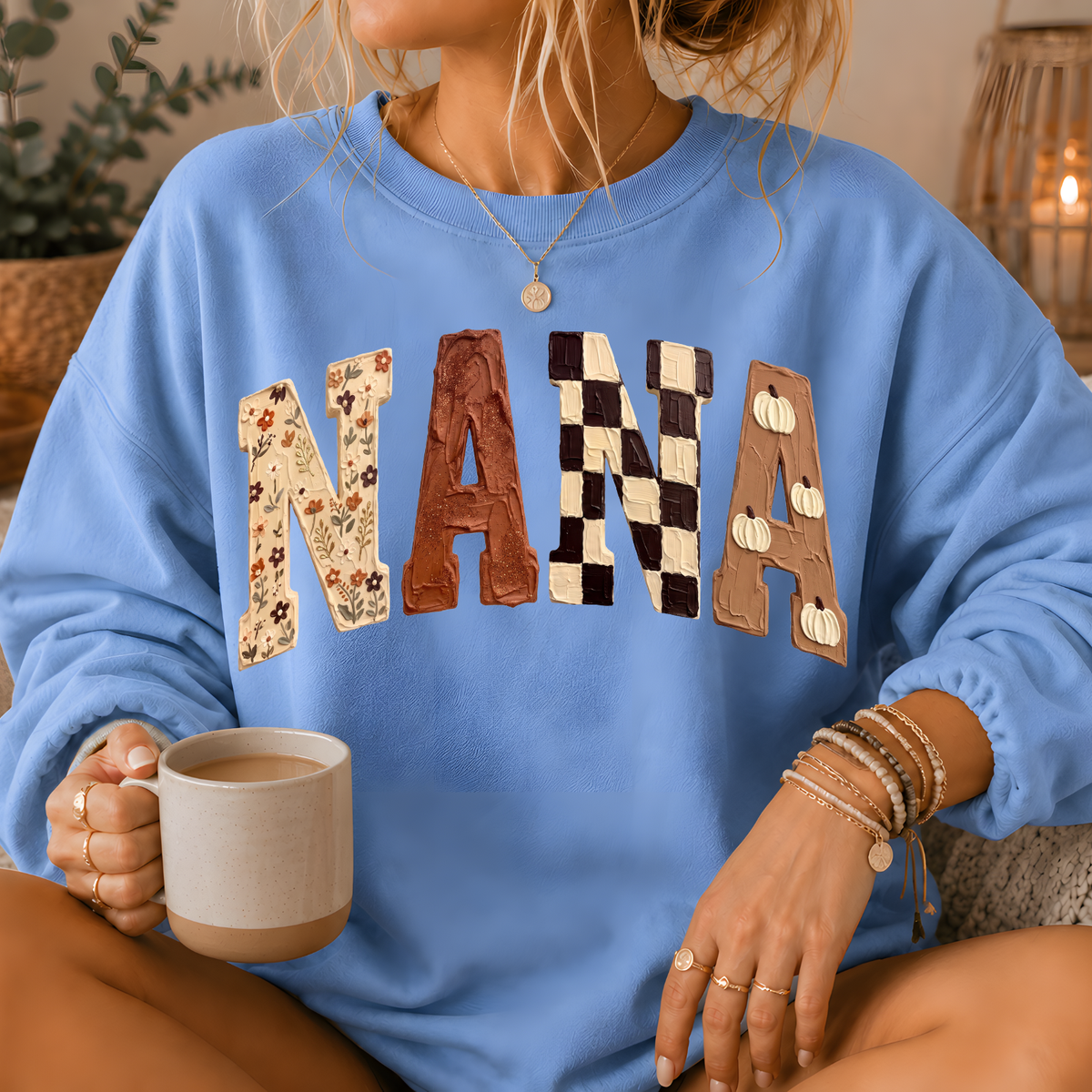 Nana Fall Patchwork Print Crewneck Sweatshirt