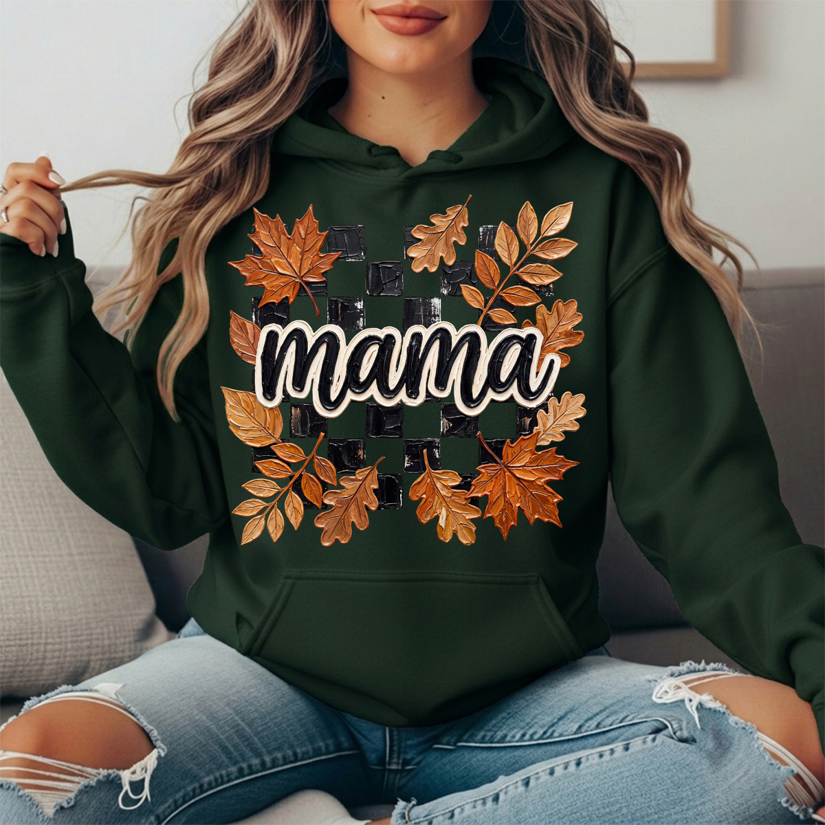 Mama Fall Leaves Checkerboard Graphic Hoodie