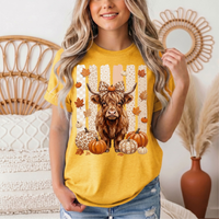 Fall Highland Cow Leopard Bow & Pumpkin Graphic Tee