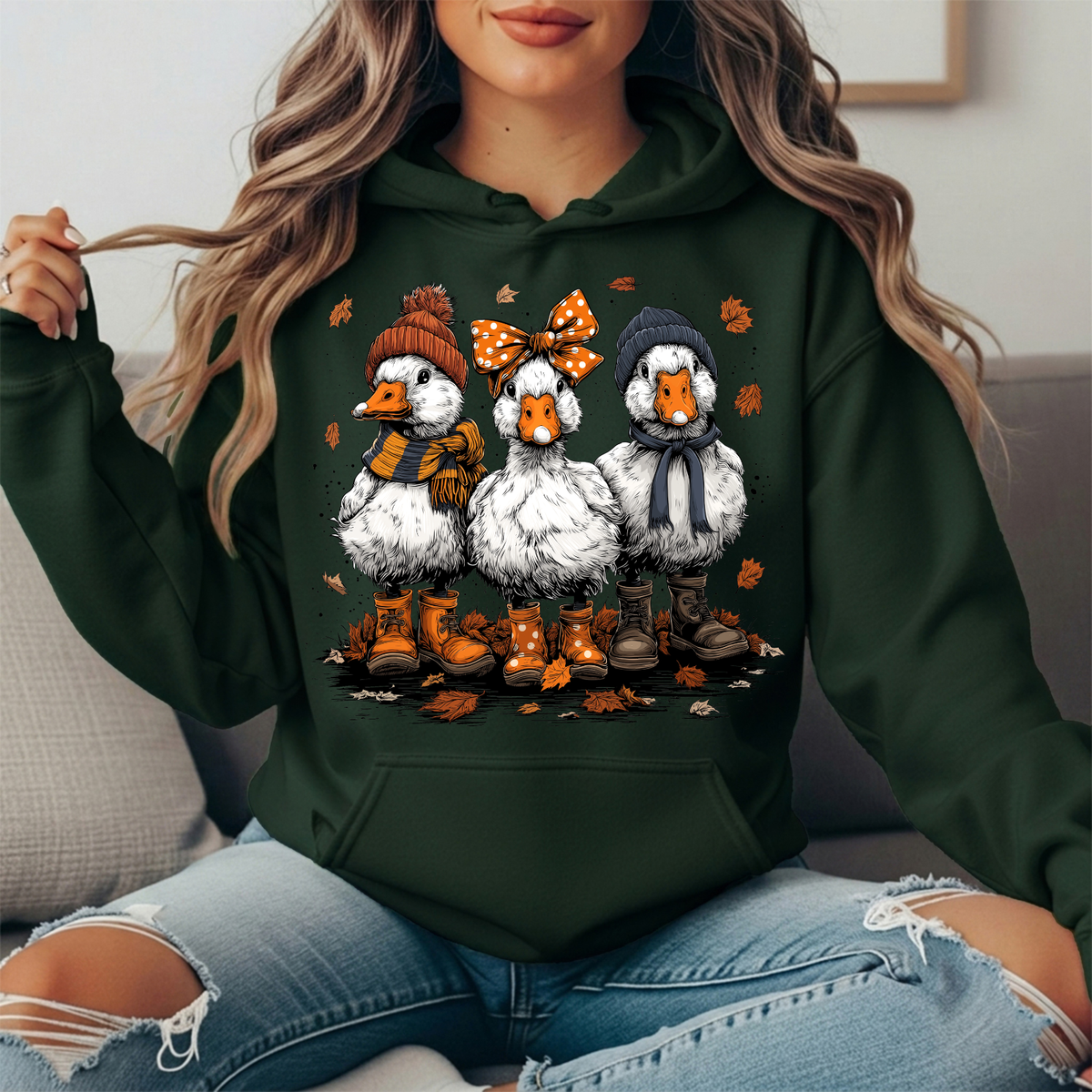 Fall Ducks in Boots & Orange Bow Graphic Hoodie