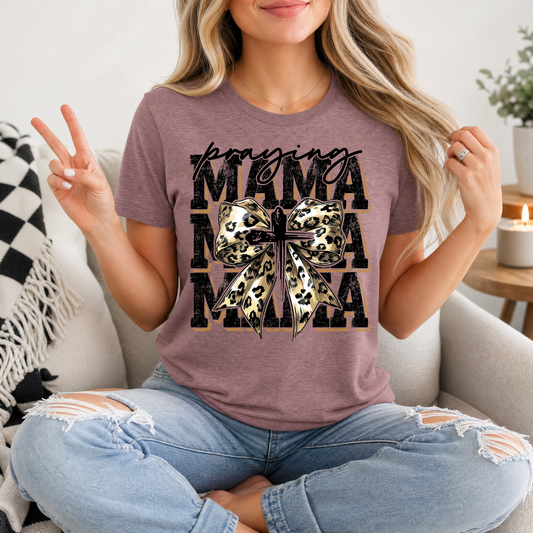 Praying Mama Leopard Bow & Cross Graphic Tee