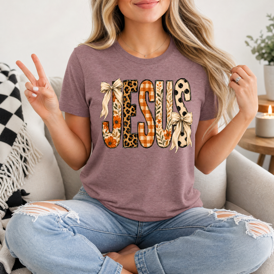 Jesus Floral, Leopard & Gingham Bow Graphic Tee