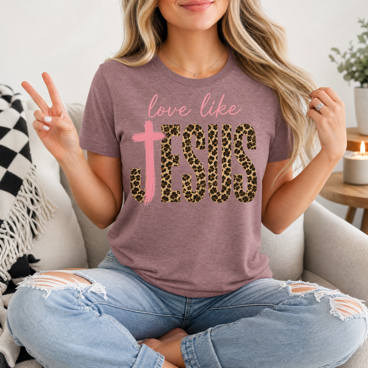 Love Like Jesus Leopard Print & Pink Cross Graphic Tee