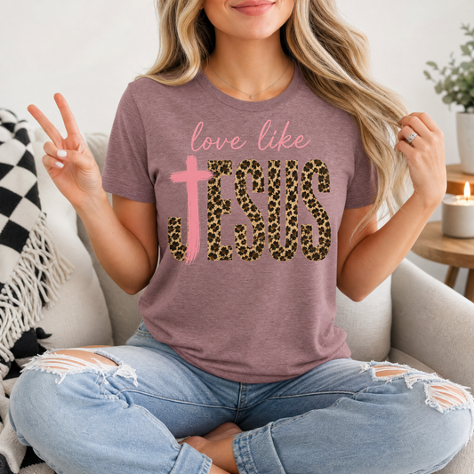 Love Like Jesus Leopard Print & Pink Cross Graphic Tee