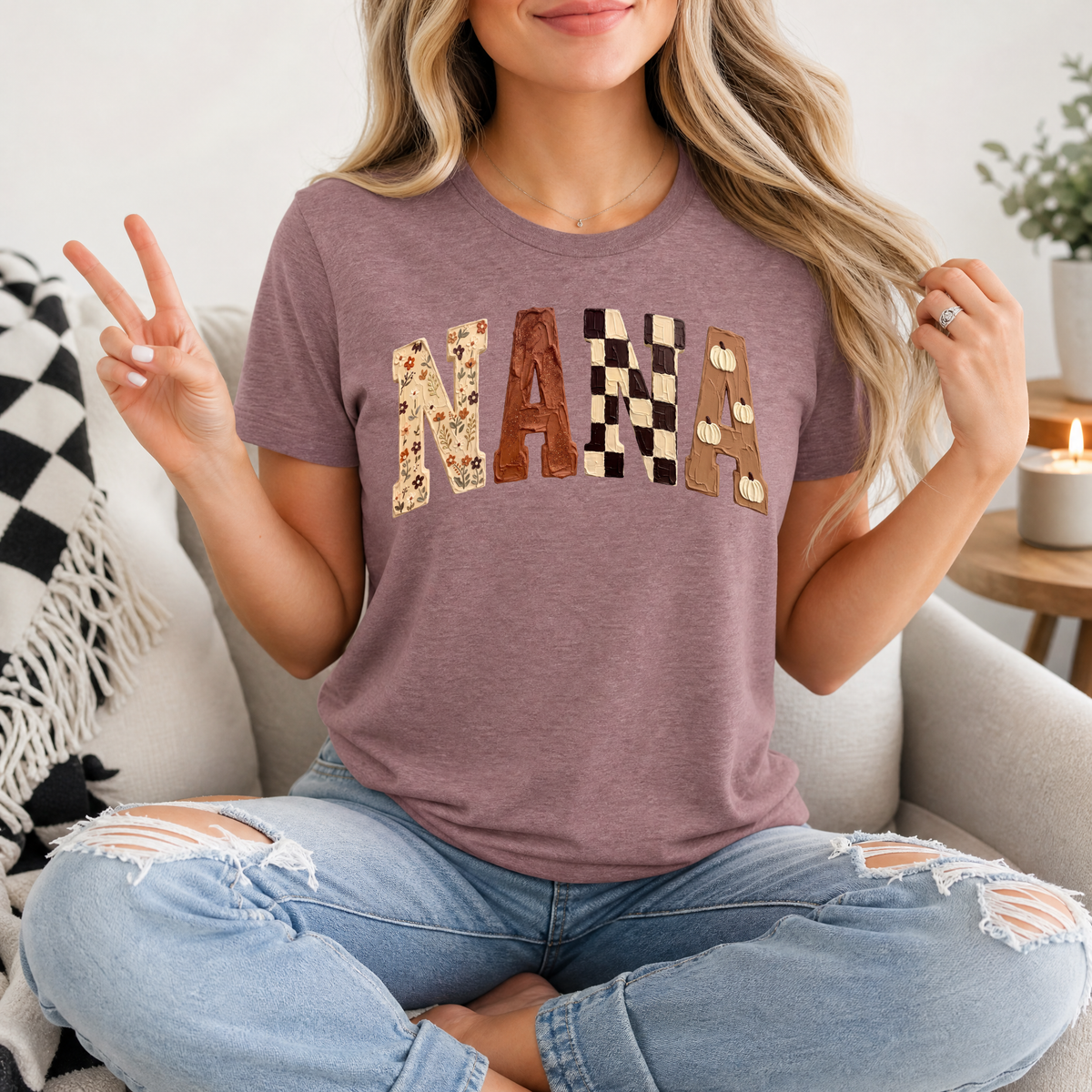 Fall Nana Floral, Checkerboard & Pumpkin Graphic Tee