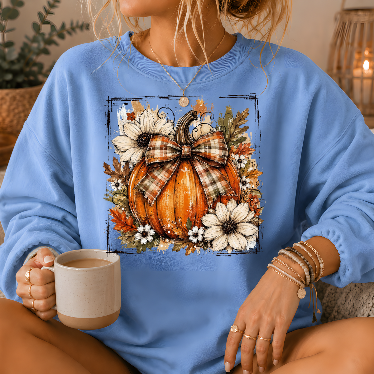 Pumpkin Plaid Bow Floral Crewneck Sweatshirt