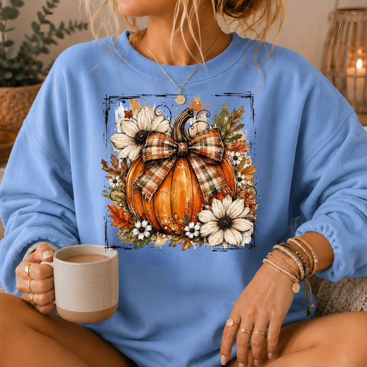 Pumpkin Plaid Bow Floral Crewneck Sweatshirt