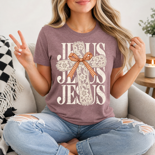 Jesus Lace Cross & Gingham Bow Christian Graphic Tee