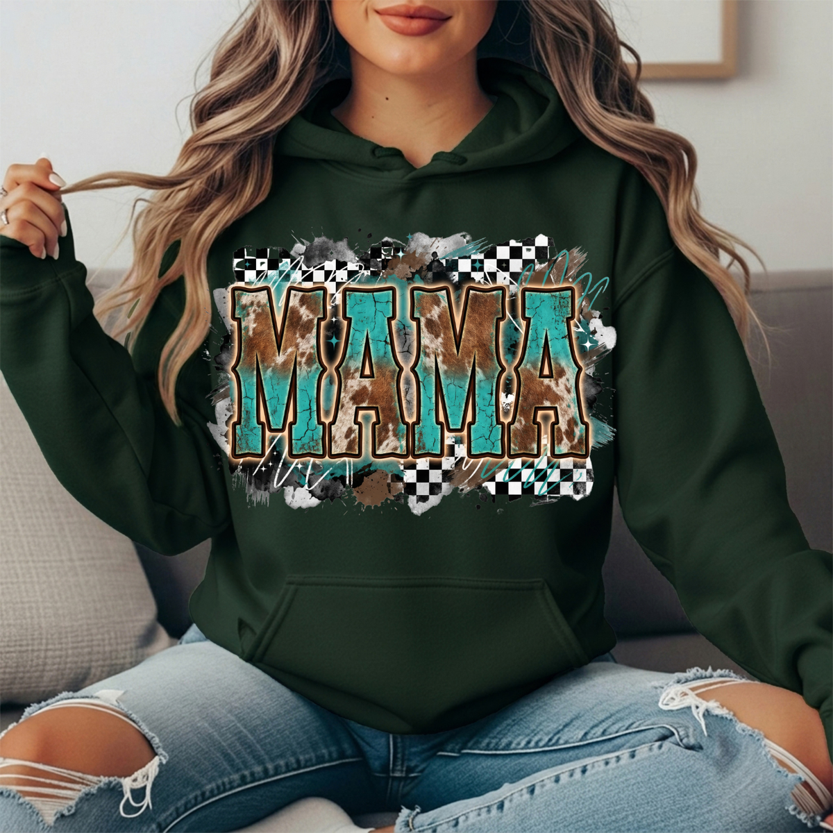 Turquoise Cowhide Mama Western Graphic Hoodie