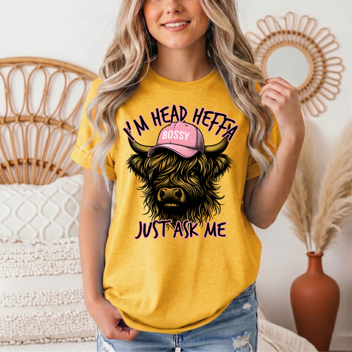I'm Head Heffa Highland Cow Pink Bossy Cap Graphic Tee