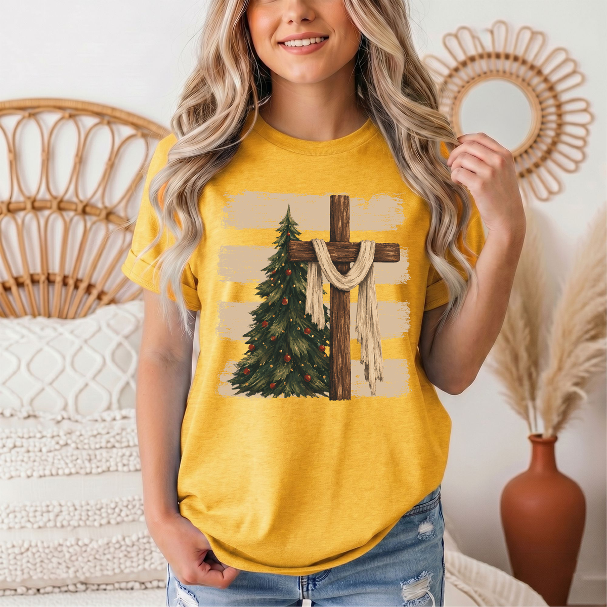 Rustic Cross & Christmas Tree Christian Graphic Tee
