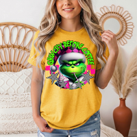 Grinchy Before Coffee Pink Checkerboard Christmas Graphic Tee