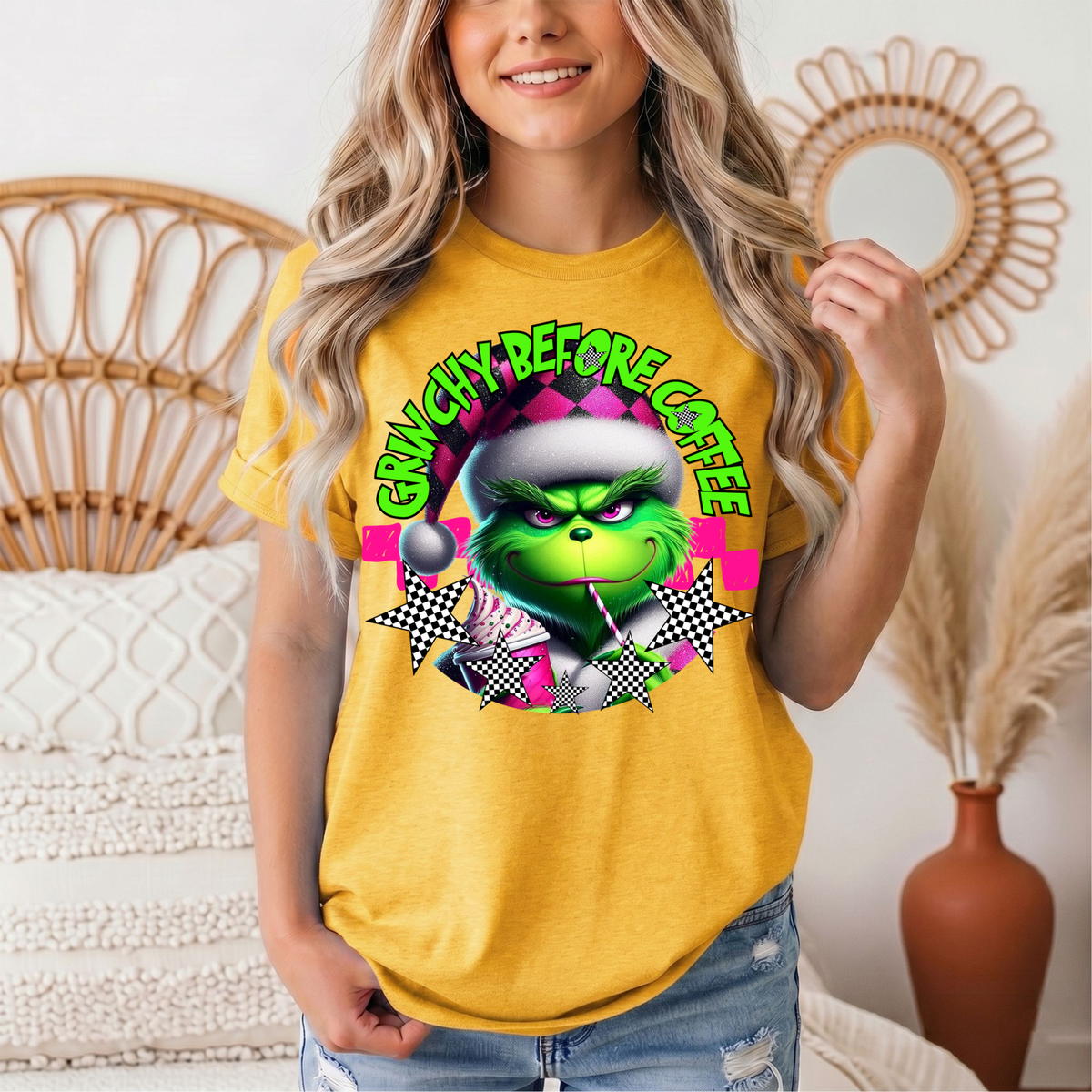 Grinchy Before Coffee Pink Checkerboard Christmas Graphic Tee