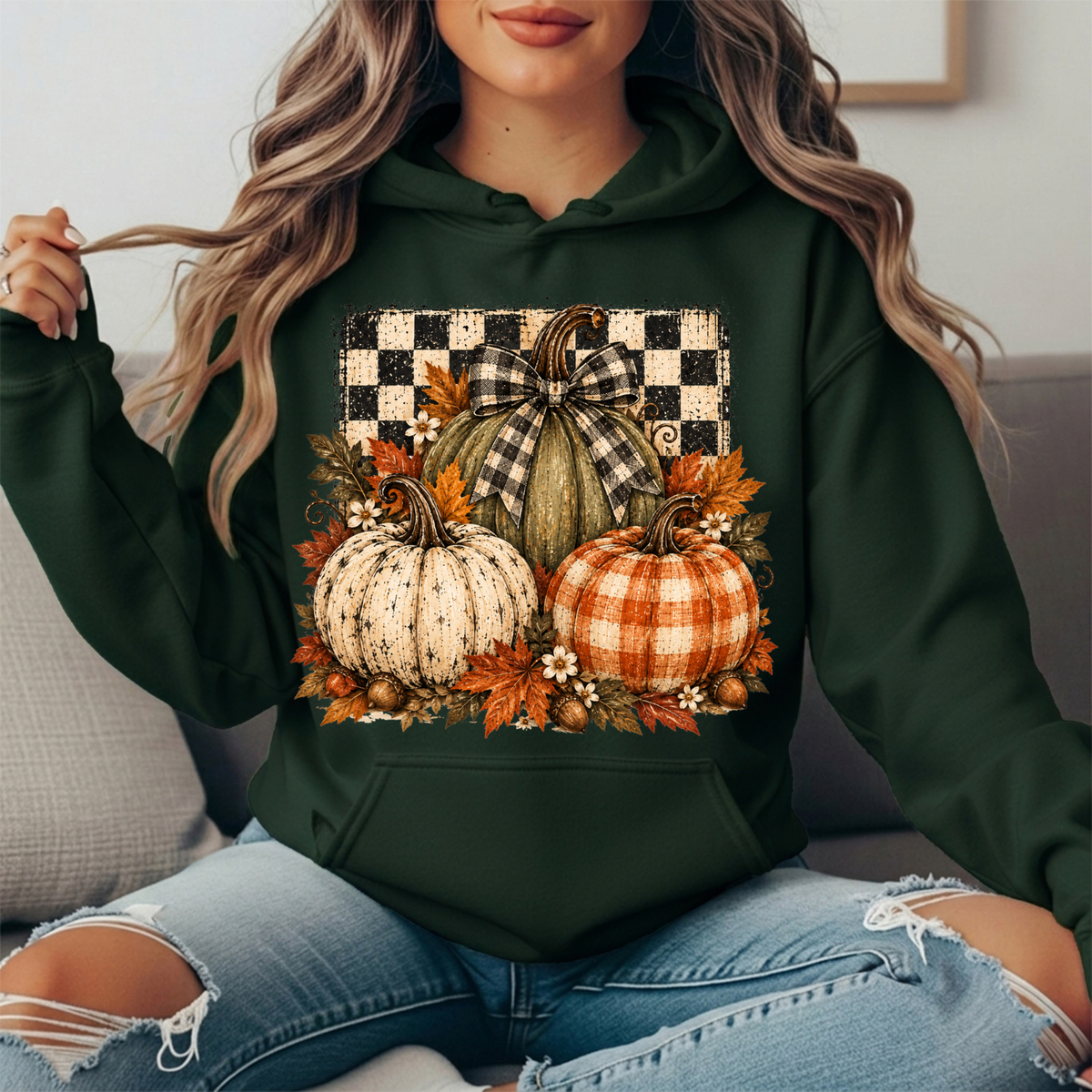 Rustic Fall Pumpkins Buffalo Check Bow Graphic Hoodie