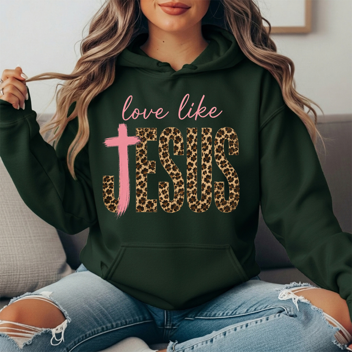 Love Like Jesus Leopard Print Cross Graphic Hoodie