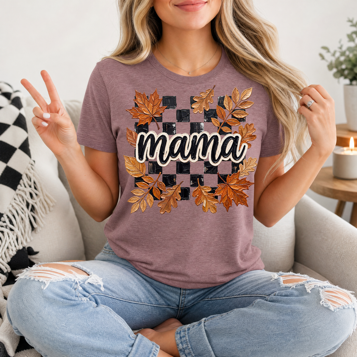 Mama Fall Leaves & Checkerboard Graphic Tee
