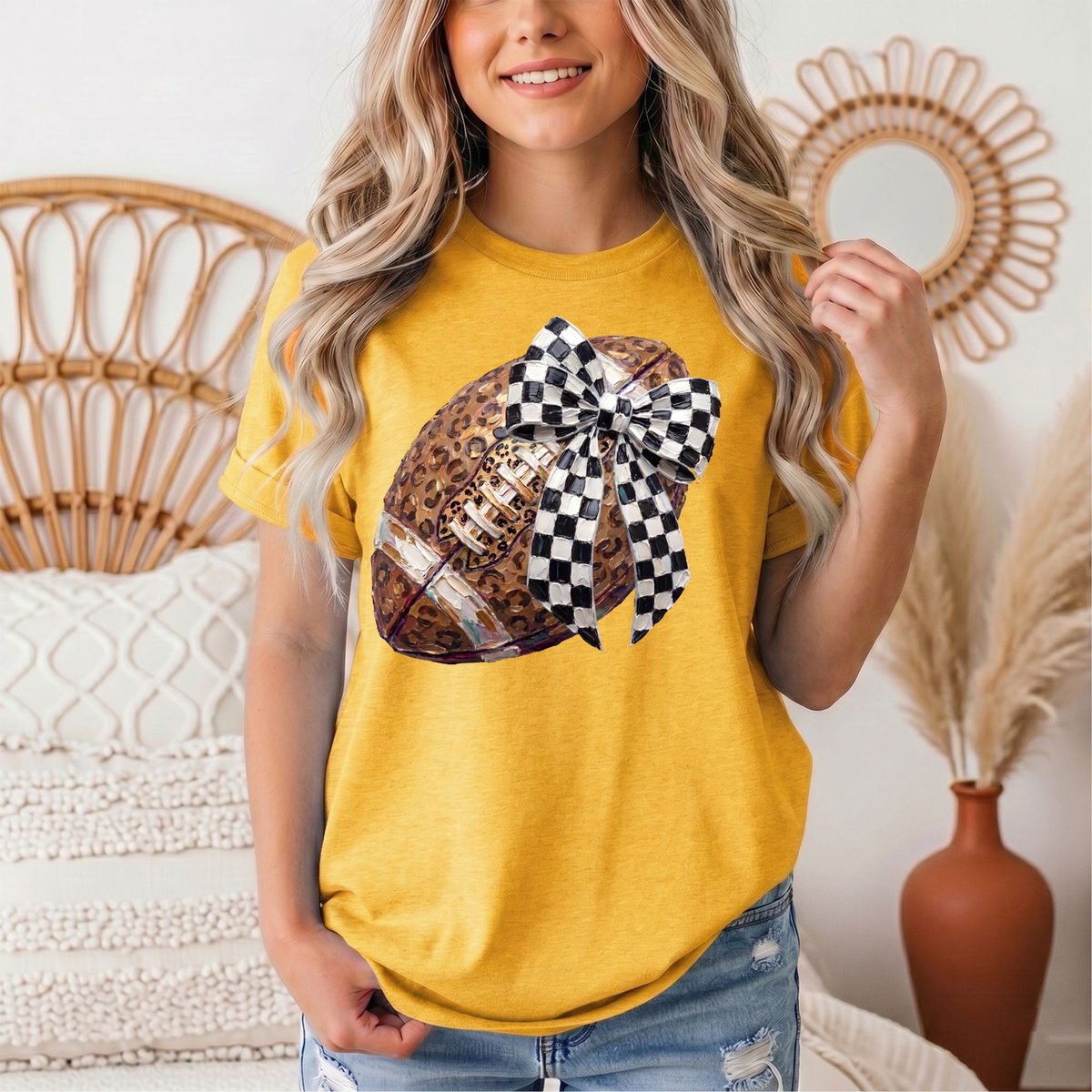 Leopard Football & Checkerboard Bow Graphic Tee