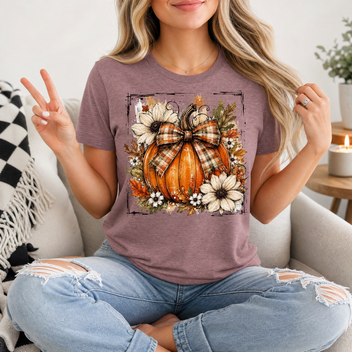 Fall Pumpkin Floral & Plaid Bow Graphic Tee
